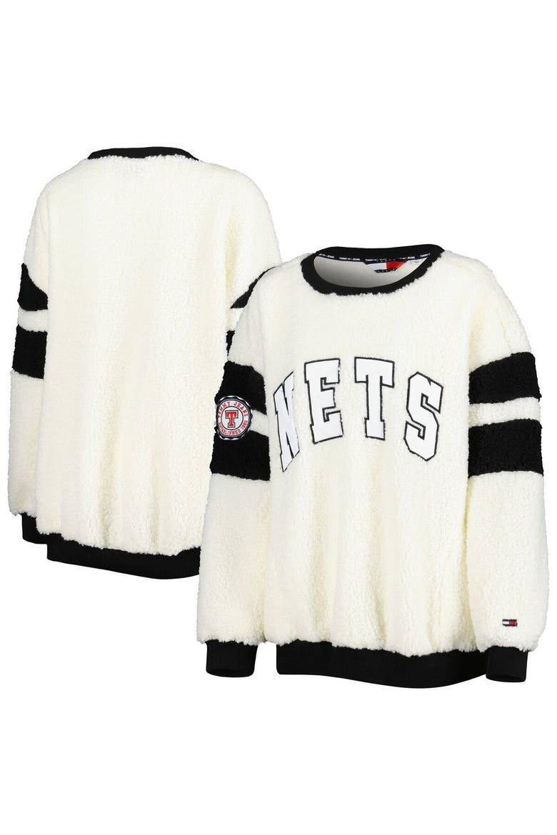 Women's Tommy Jeans Oatmeal/Black Brooklyn Nets Mindy Sherpa Pullover Sweatshirt, Main, color, Oatmeal