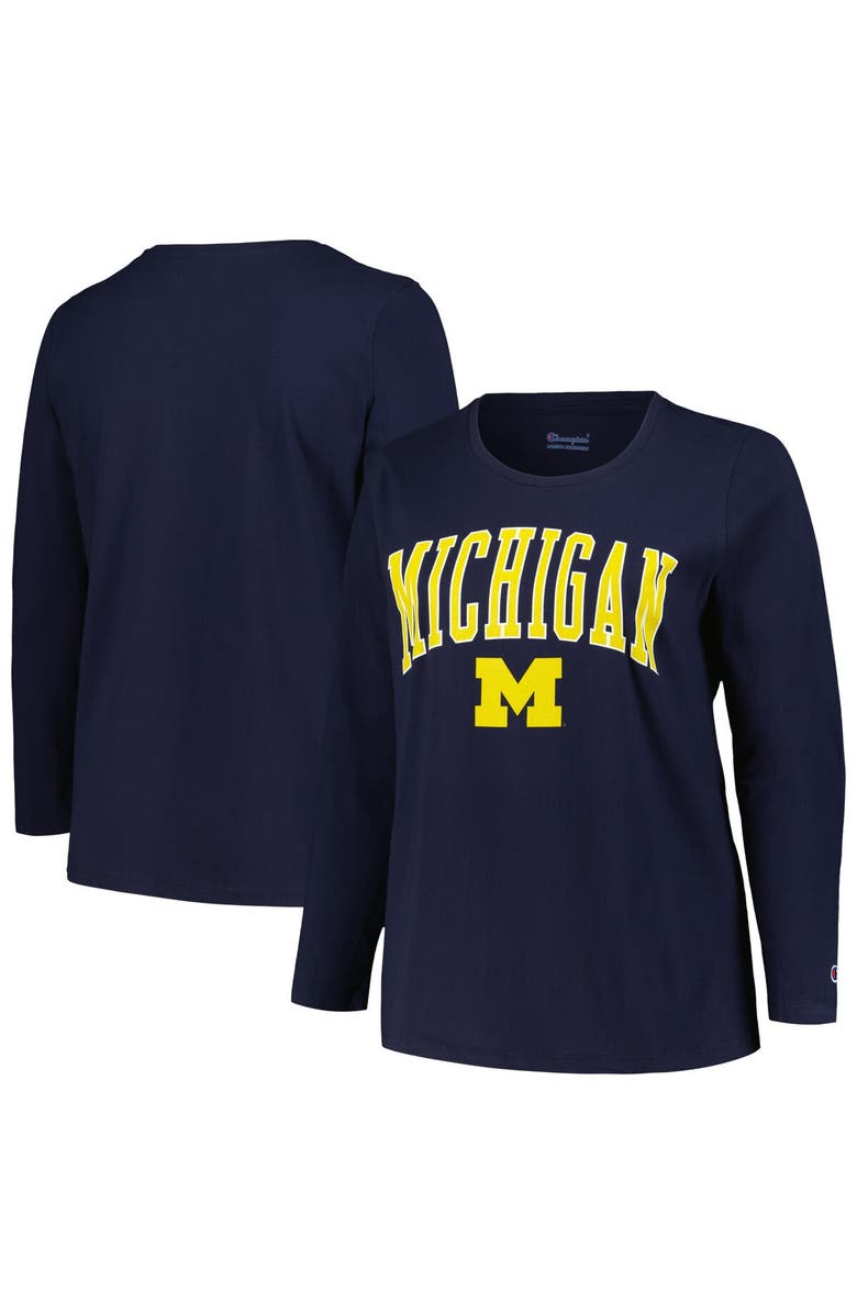PROFILE Women's Profile Navy Michigan Wolverines Plus Size Arch Over Logo Scoop Neck Long Sleeve T-Shirt, Main, color, 