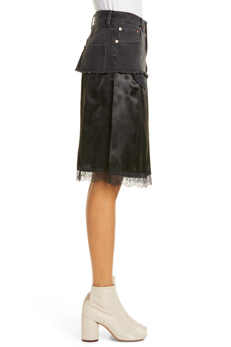Satin Contrast Denim Skirt, Alternate, color, BLACK