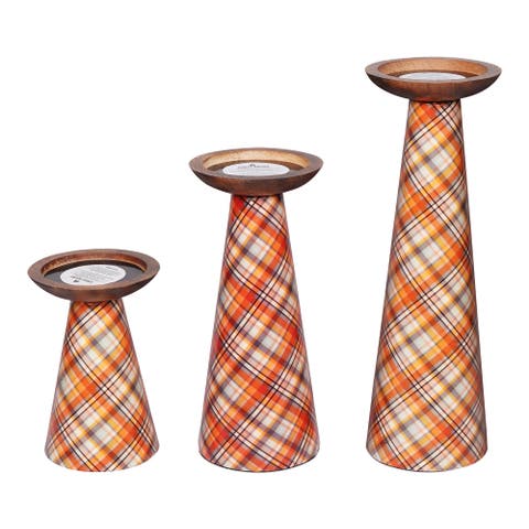 Plaid Pillar Candleholder Set - Ochre