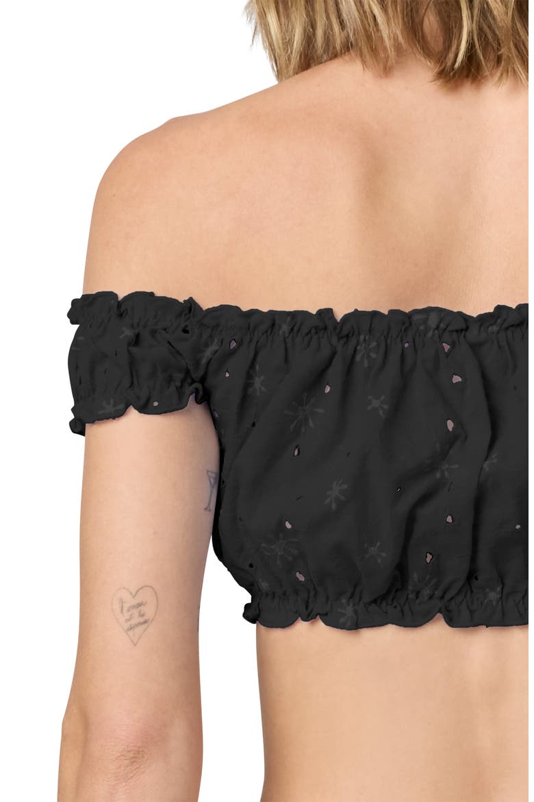 Embroidered Eyelet Off the Shoulder Crop Top, Alternate, color, BLACK