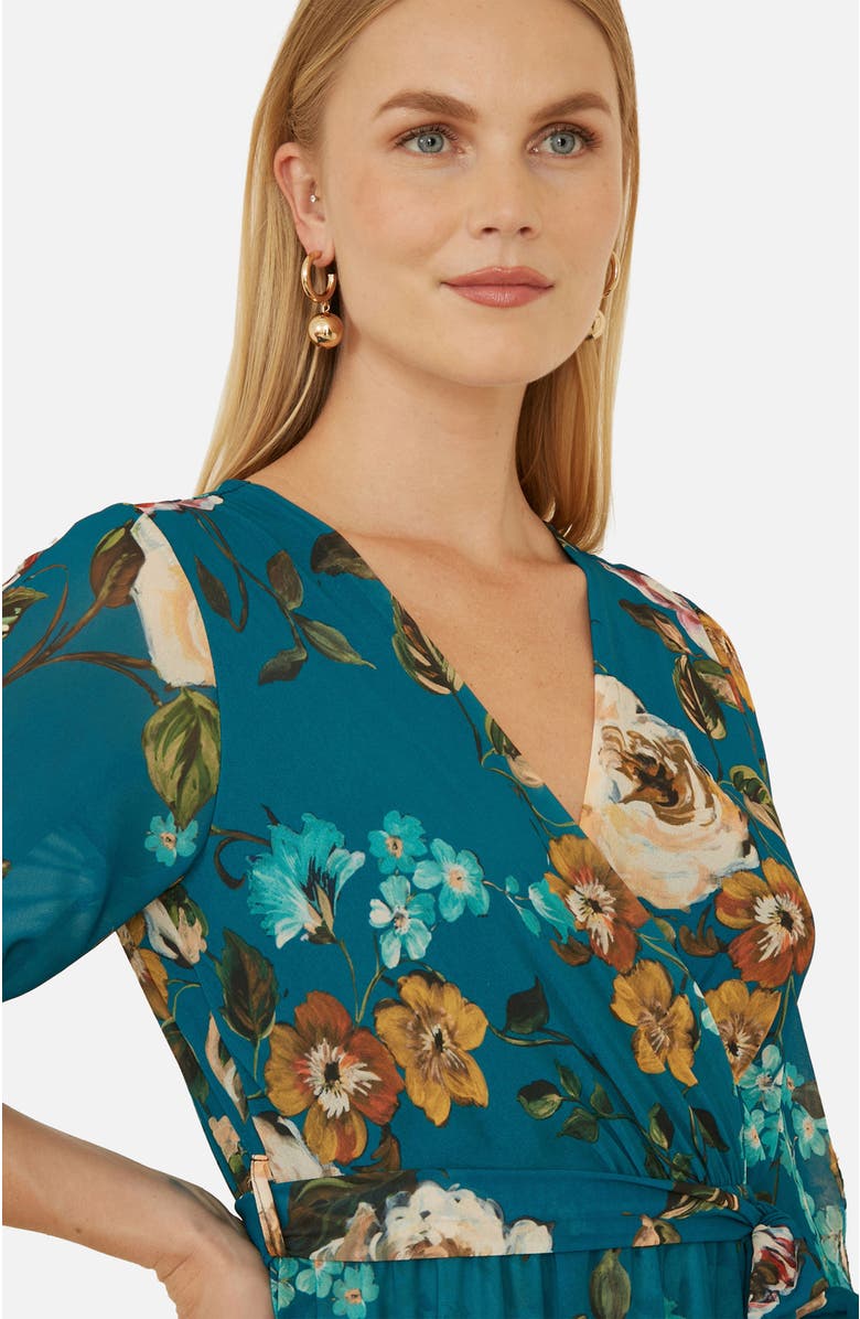 Yumi Watercolour Dip Hem Midi Wrap Dress, Alternate, color, Teal