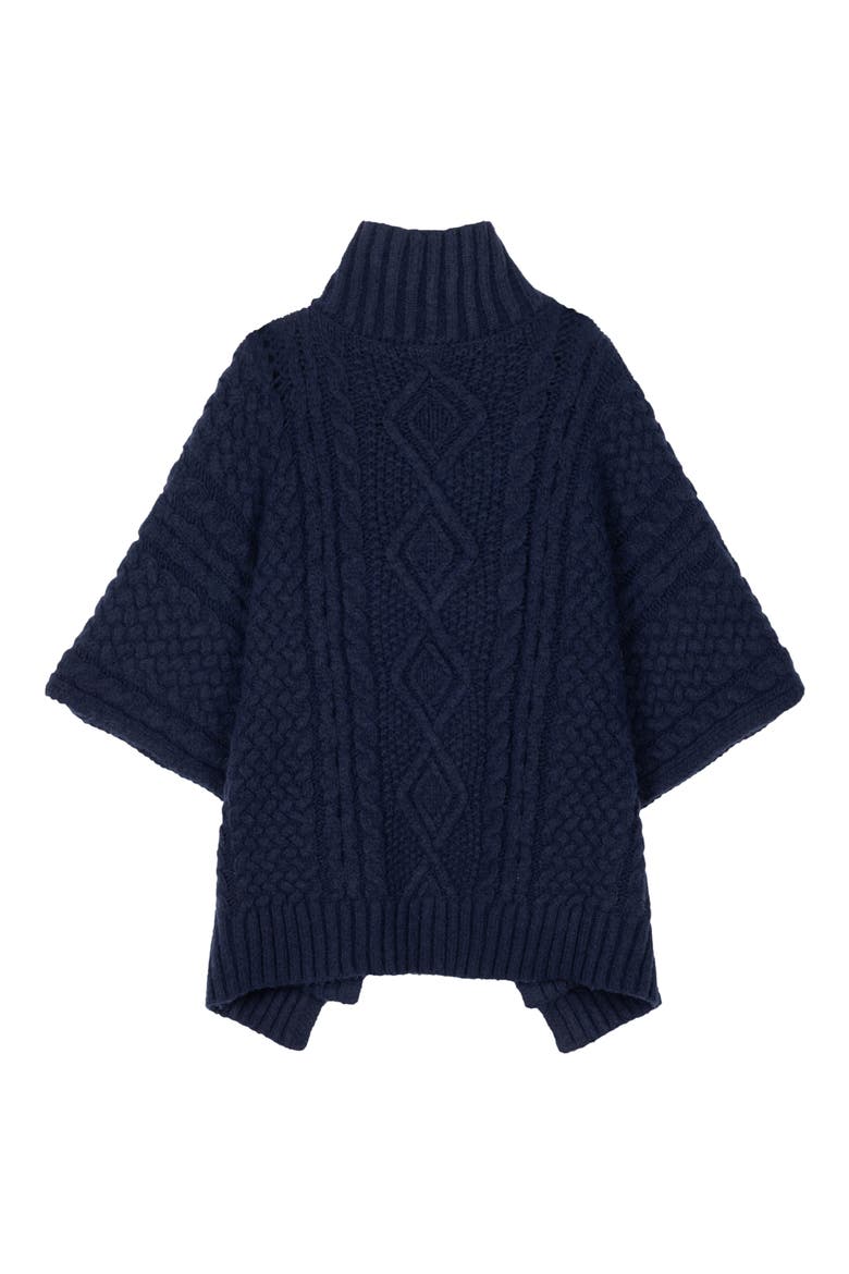 Button Neck Cable Knit Poncho, Alternate, color, NAVY