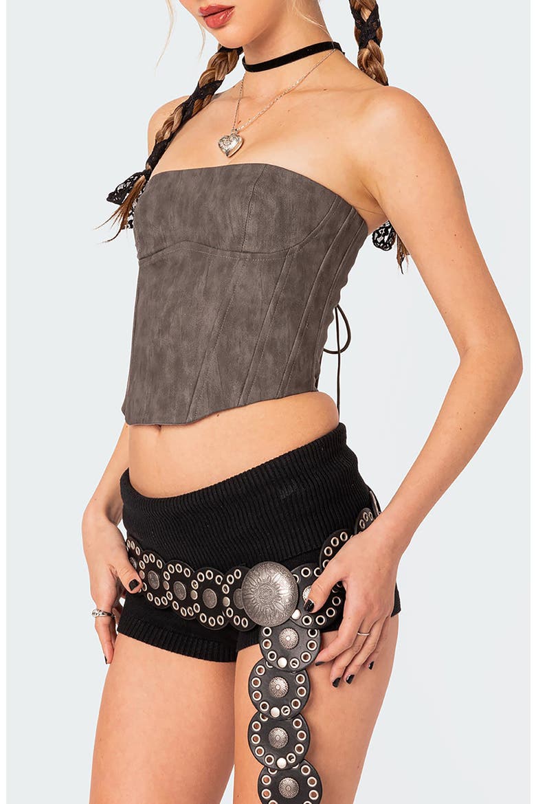 Christa Strapless Faux Leather Corset Crop Top, Alternate, color, GRAY