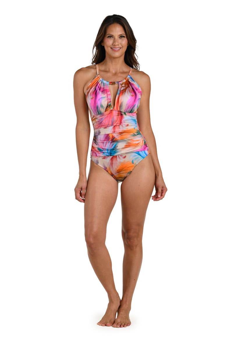 Feathered Impression One-Piece Swimsuit, Alternate, color, PINK MULTI