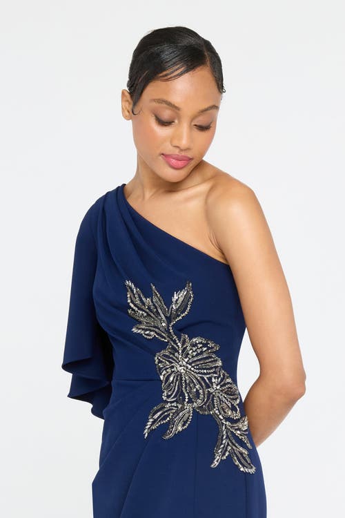 Theia Giuliana Embellished Crepe Column Gown In Blue