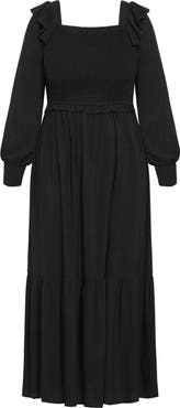 City Chic Sadie Smocked Bodice Long Sleeve Maxi Dress