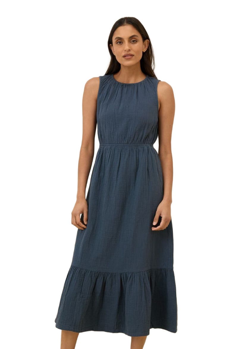 Organic Cotton Coastal Double Gauze Tiered Midi Dress, Alternate, color, French Navy