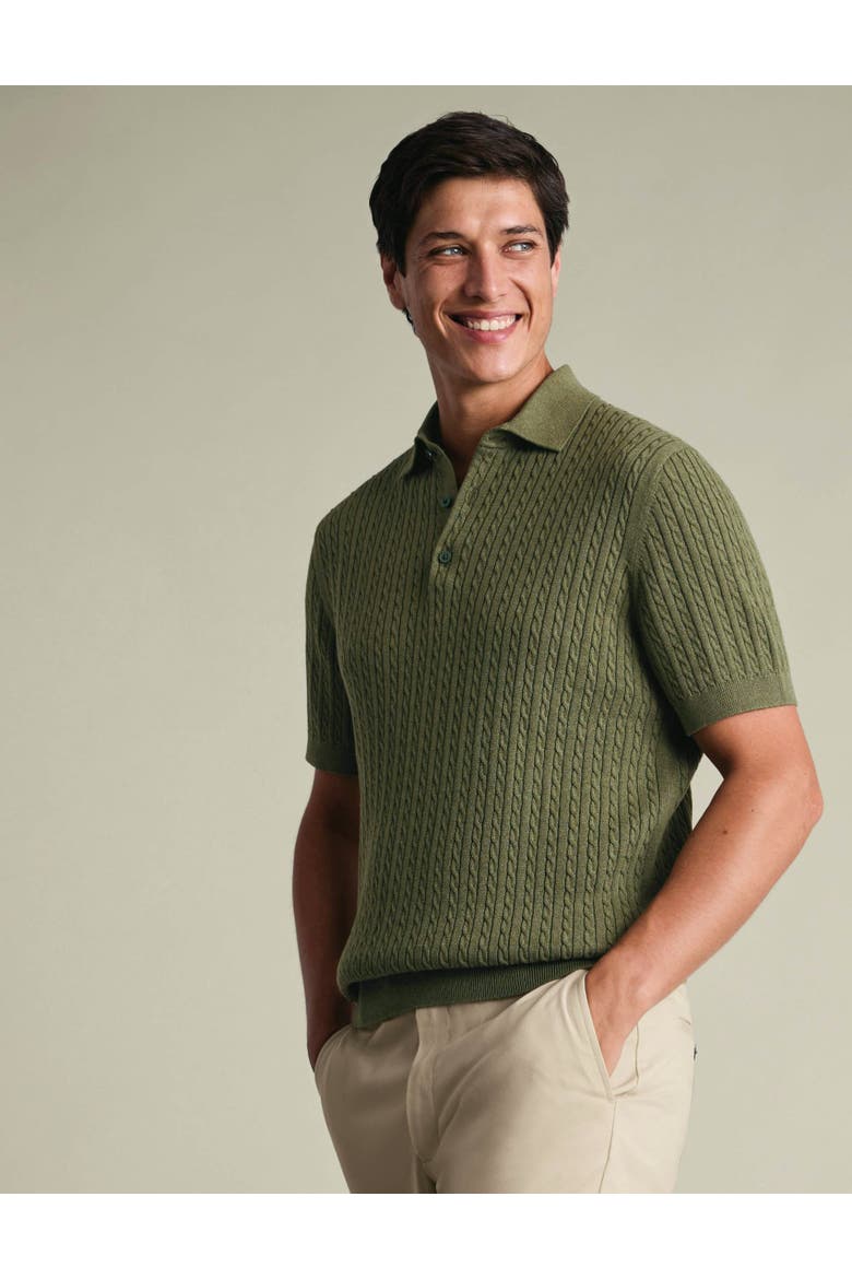 Cable Knit Short Sleeve Cotton Polo, Main, color, Sage Green