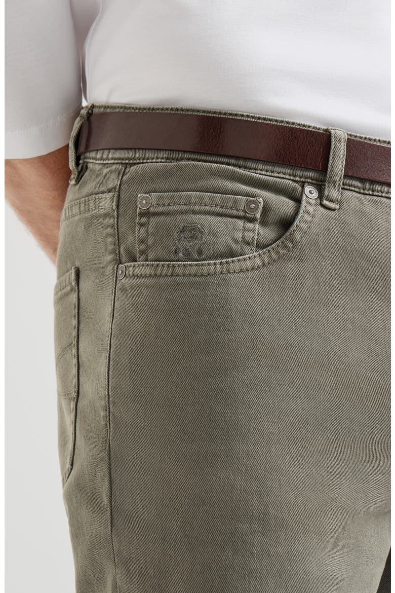 Garment-dyed comfort lightweight denim traditional fit five-pocket trousers, Alternate, color, Military