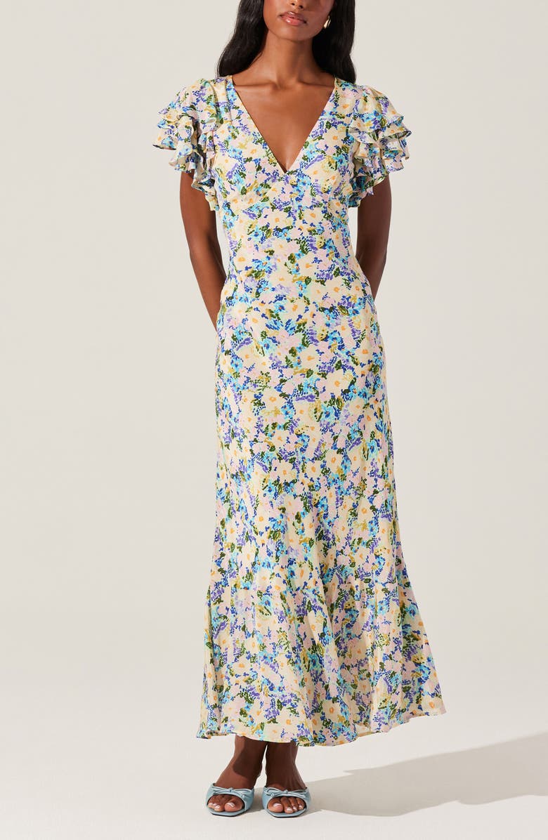 ASTR the Label Celestine Floral Flutter Sleeve Maxi Dress, Alternate, color, Blue Yellow Ditsy