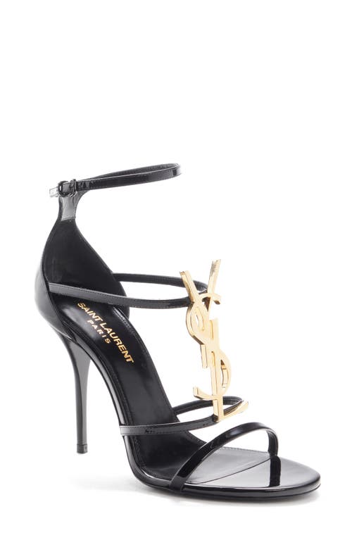 Saint Laurent Cassandra Sandals In Patent Leather With Gold-tone Monogram In Nero