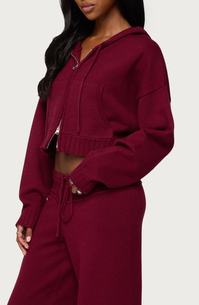 EDIKTED Russell Crop Hooded Zip Sweater, Alternate, color, Burgundy