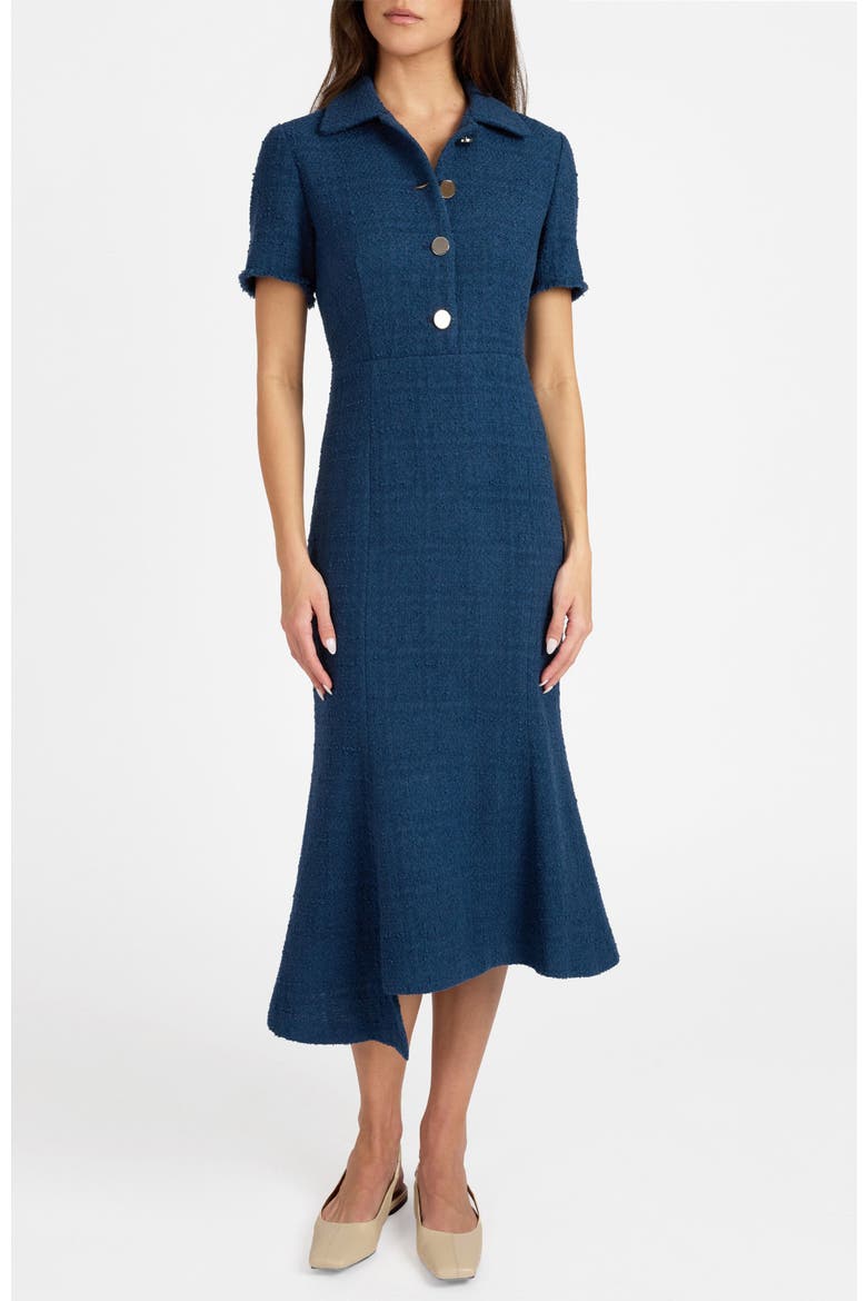 Sahara Short Sleeve Asymmetric Midi Tweed Dress, Main, color, Steel Teal