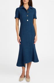 Santorelli Sahara Short Sleeve Asymmetric Midi Tweed Dress