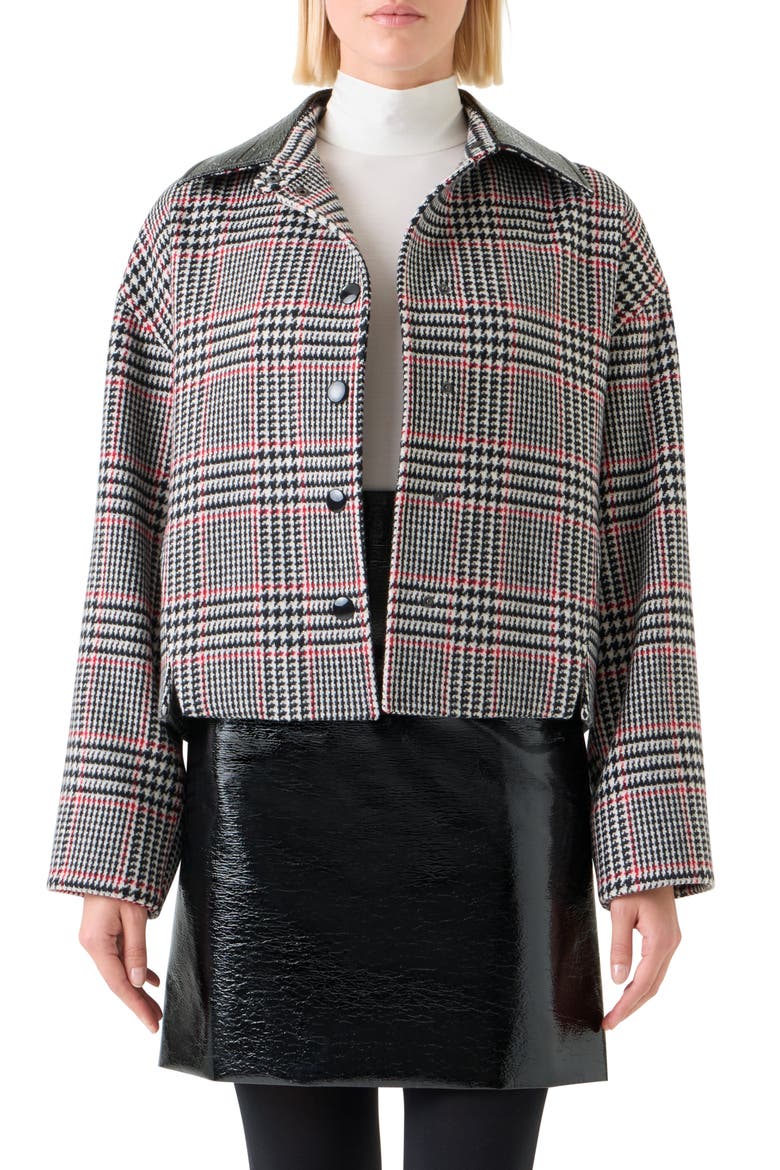 Glen Plaid Wool Jacket with Faux Leather Collar, Main, color, BLACK-CREAM-VERMILLION