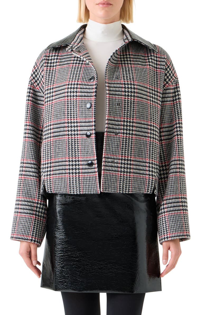 Akris punto Glen Plaid Wool Jacket with Faux Leather Collar, Main, color, Black-Cream-Vermillion