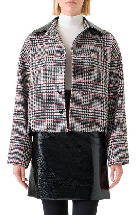 Glen Plaid Wool Jacket with Faux Leather Collar