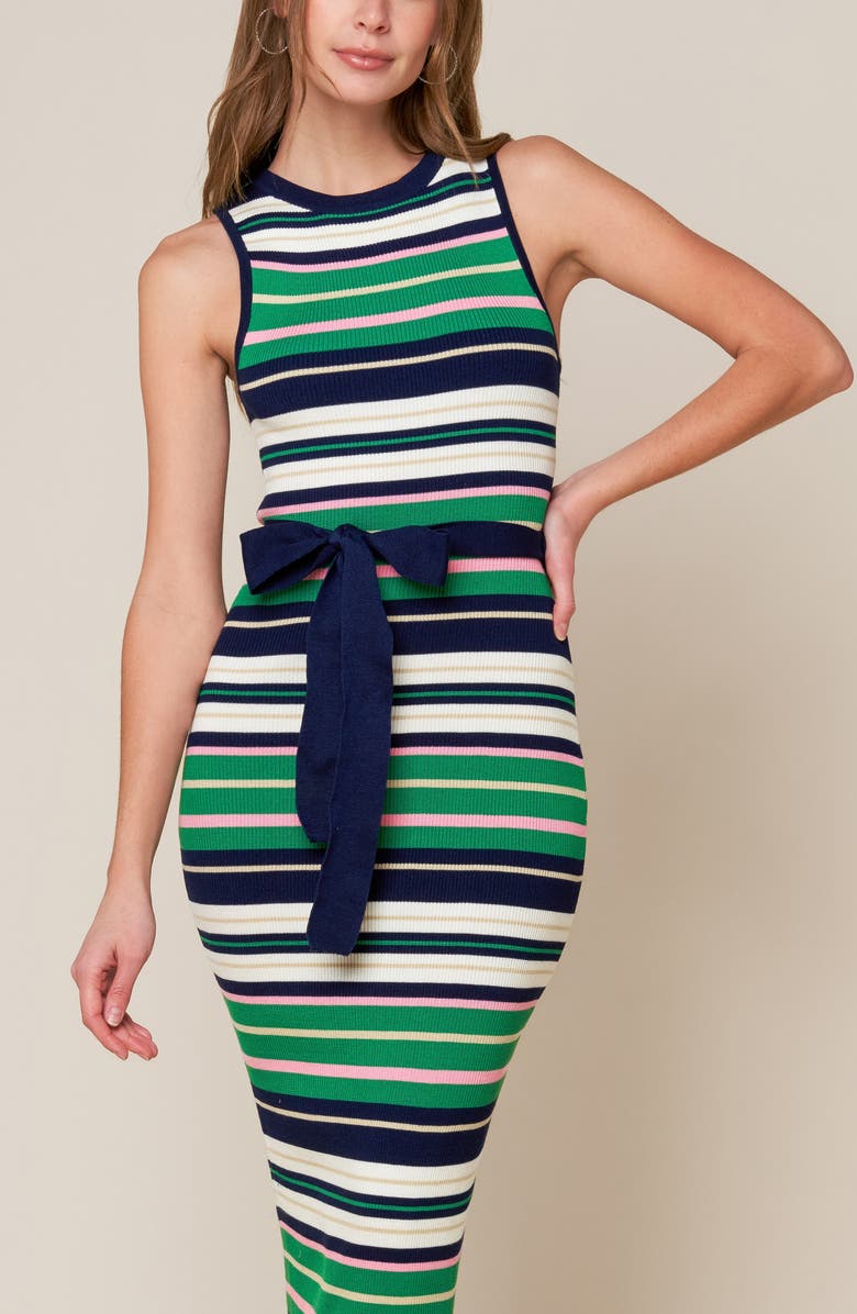 FLYING TOMATO Striped Tie Waist Sweater Dress, Alternate, color, Navy/ Green