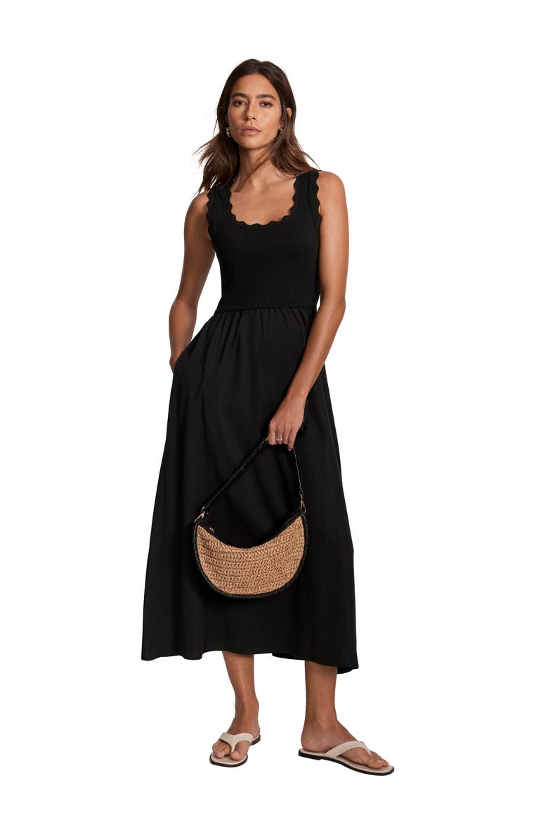 Scallop Short Sleeve Trim Midi Dress, Alternate, color, Black
