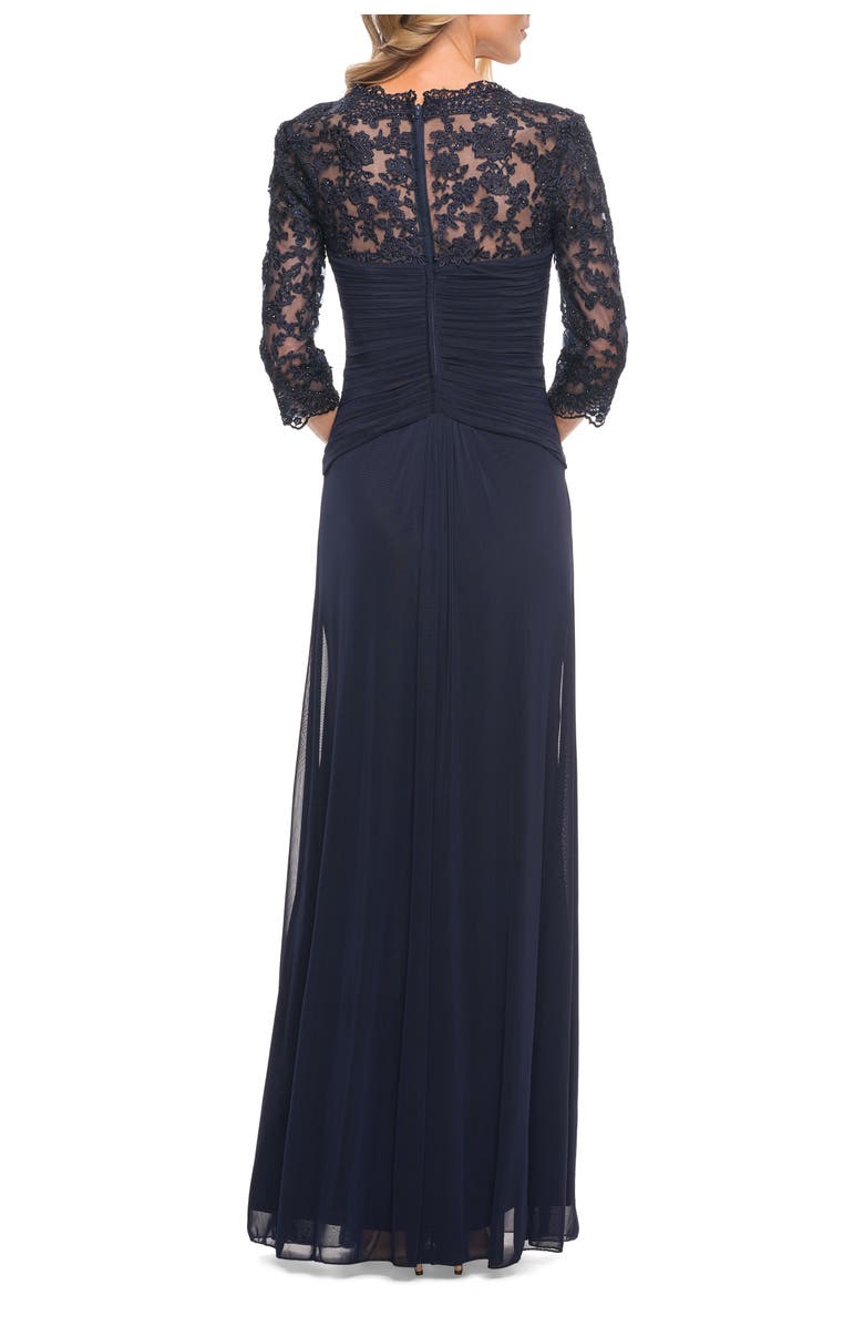 La Femme Jersey Gown with Knot Detail and Lace Sleeves, Alternate, color, Navy