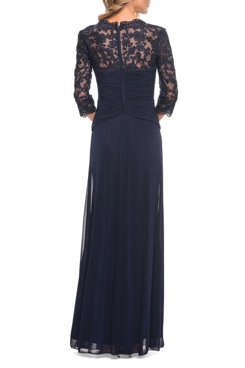 La Femme Jersey Gown With Knot Detail And Lace Sleeves In Navy