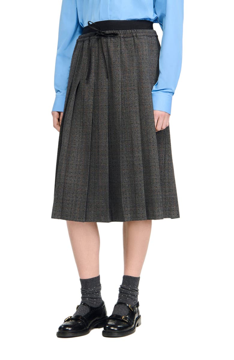 SANDRO Long pleated rhinestone skirt, Alternate, color, Grey / Brown