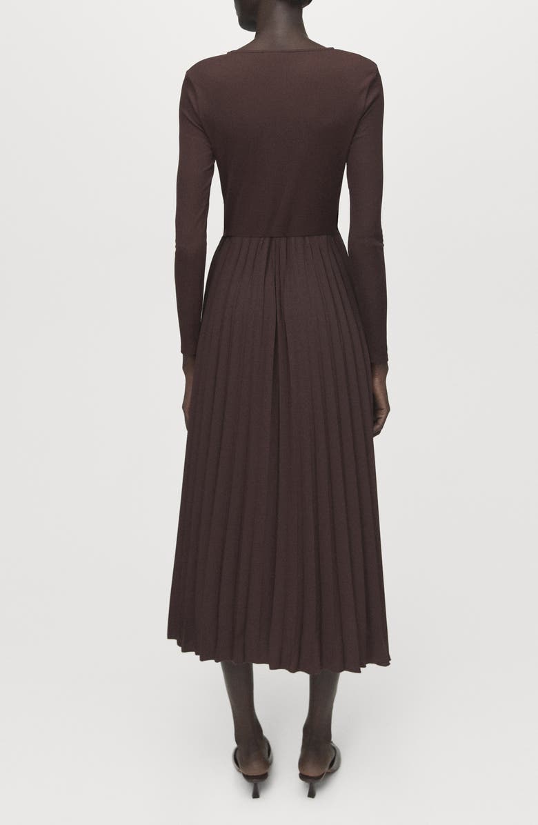 MANGO Long Sleeve Pleated Midi Dress, Alternate, color, Chocolate