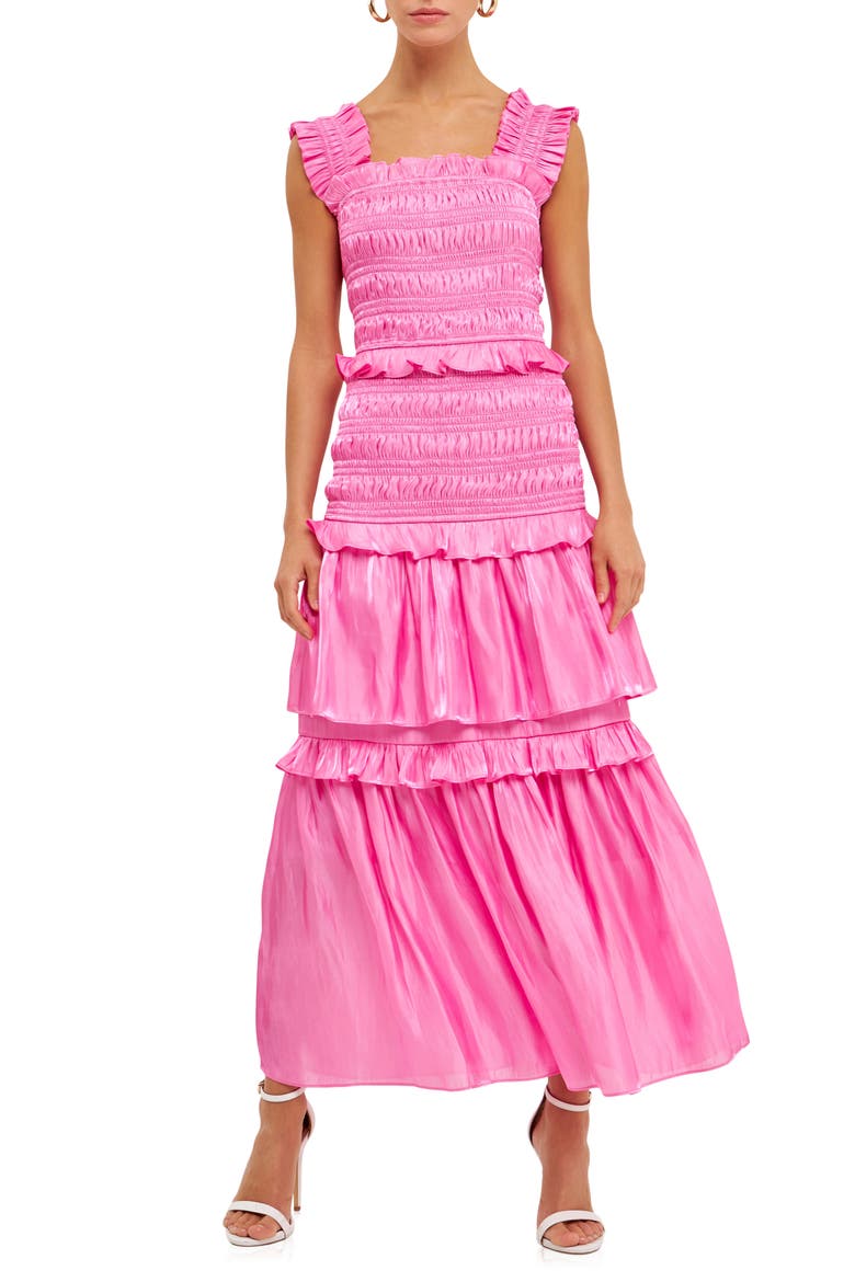Sheer Smocked Tiered Maxi Dress, Main, color, PINK