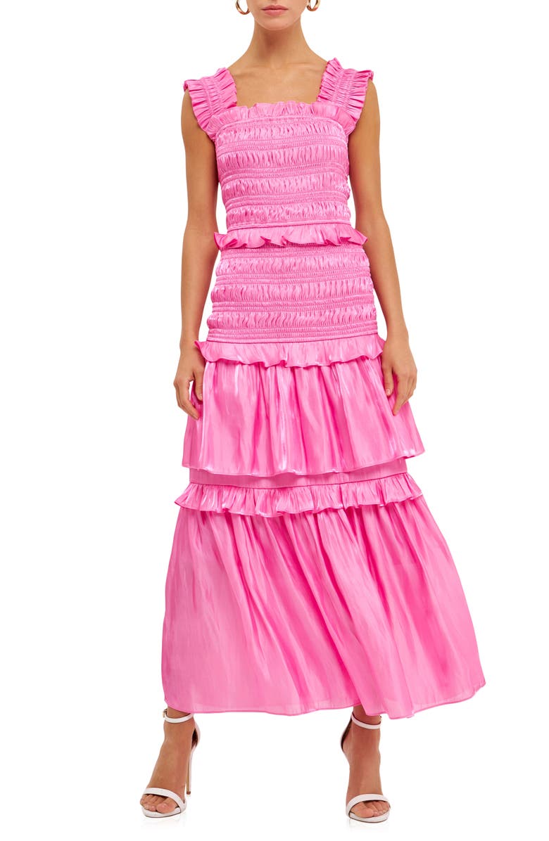 Endless Rose Sheer Smocked Tiered Maxi Dress, Main, color, Pink