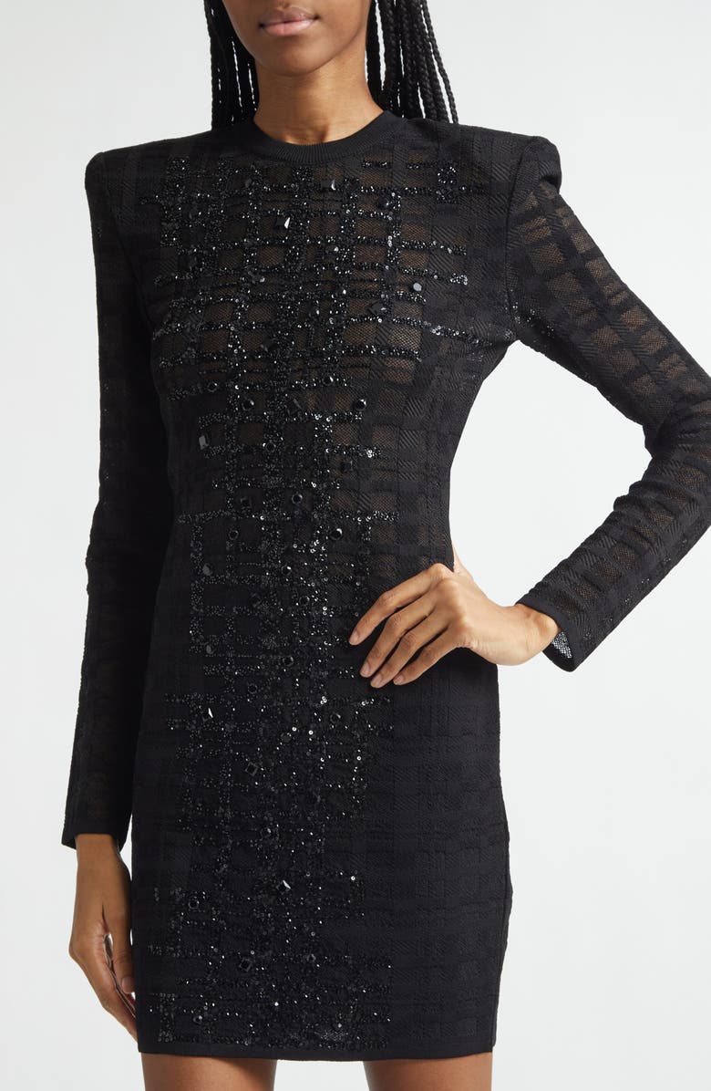 Balmain Tartan Tattoo Embellished Long Sleeve Minidress, Alternate, color, 0Pa Black