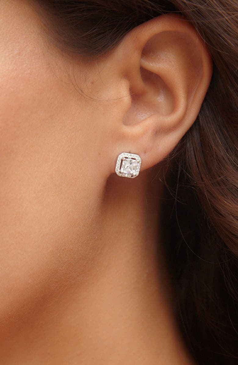 SAVVY CIE JEWELS Sterling Silver Asher Cut Halo CZ Stud Earrings, Alternate, color, White