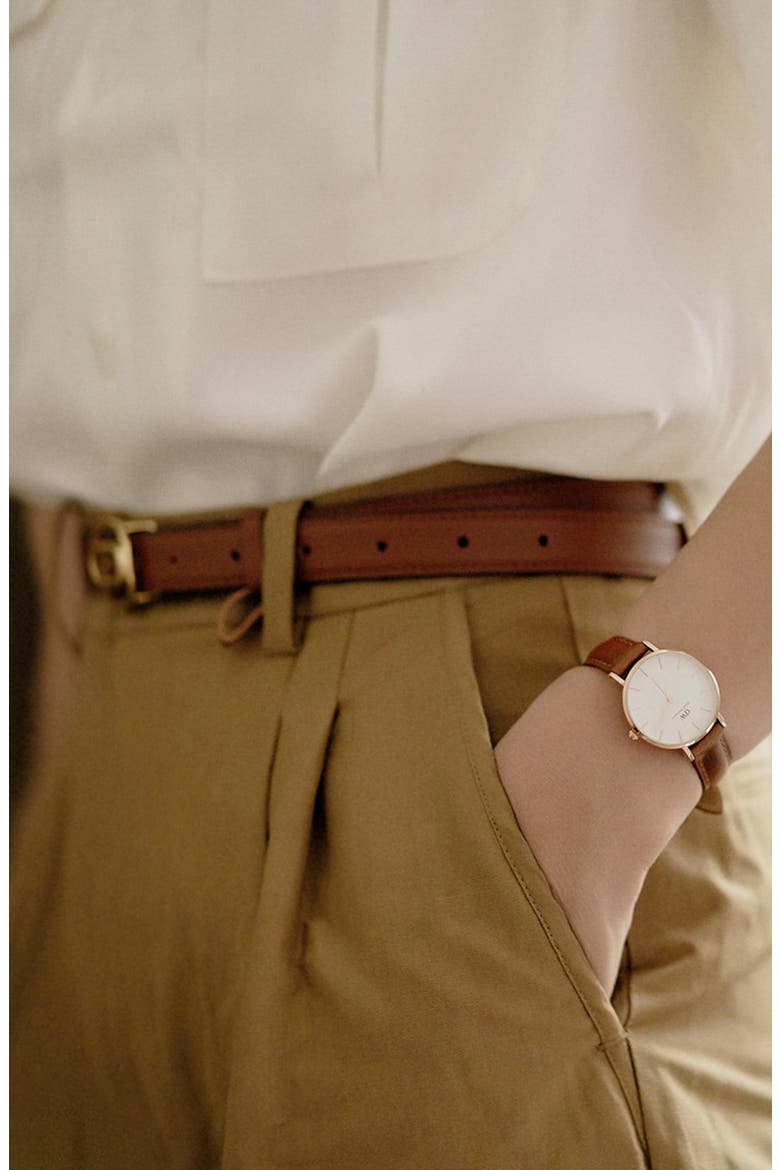 Classic Petite Leather Strap Watch, 28mm, Alternate, color, BROWN/ WHITE/ ROSE GOLD