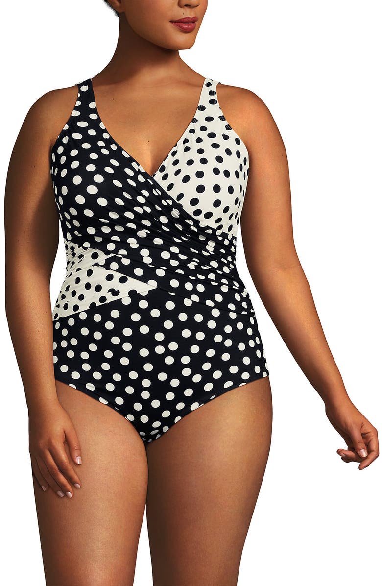 Lands' End SlenderSuit Wrap One Piece Swimsuit, Alternate, color, Black/Egret Mixed Tossed Dots