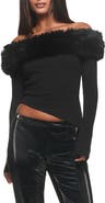 I.AM.GIA Cecily Off the Shoulder Rib Top with Faux Fur Collar
