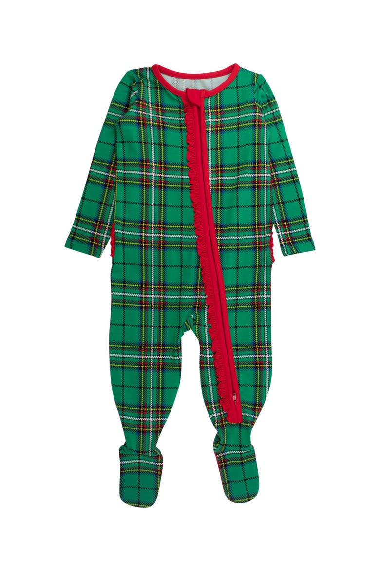 Modal Blend Ruffle One Piece Footie Pajamas, Main, color, Green Nicholas Plaid