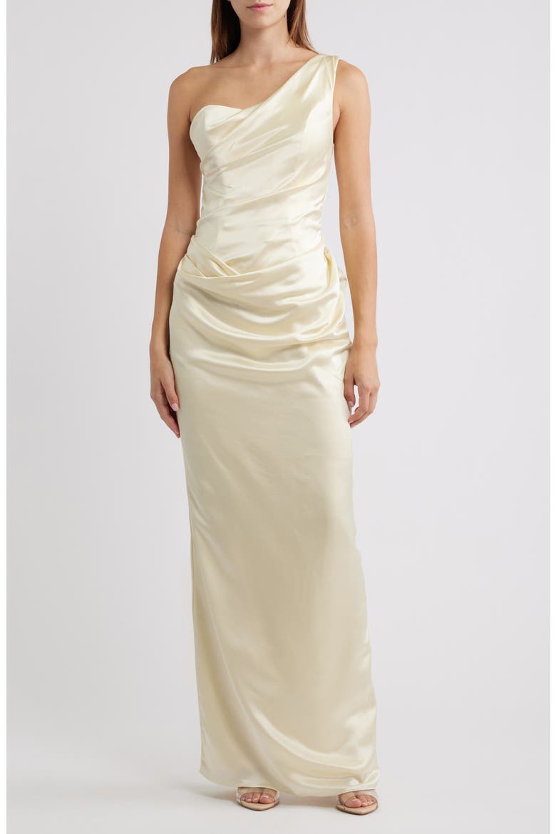 Caprice One-Shoulder Satin Gown, Main, color, LEMON