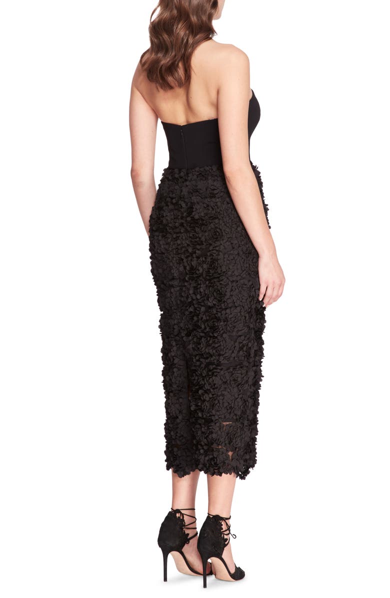 Marchesa Notte Rosette Strapless Midi Dress, Alternate, color, Black