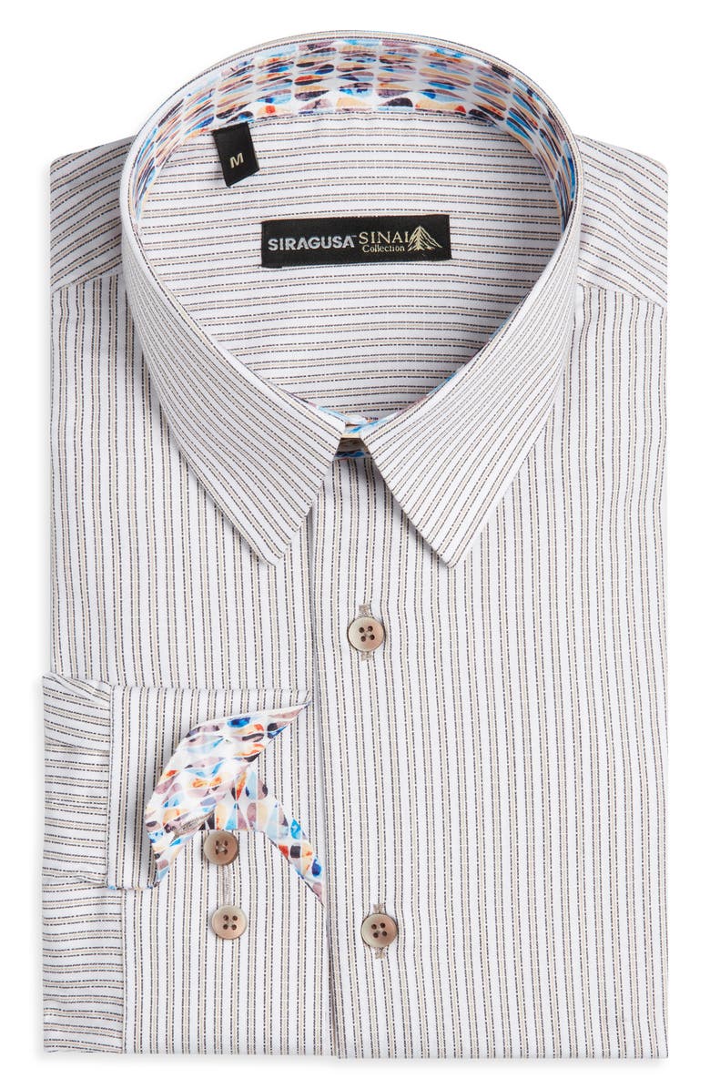 Siragusa Stripe Printed Silk Trim Dress Shirt, Main, color, Beige