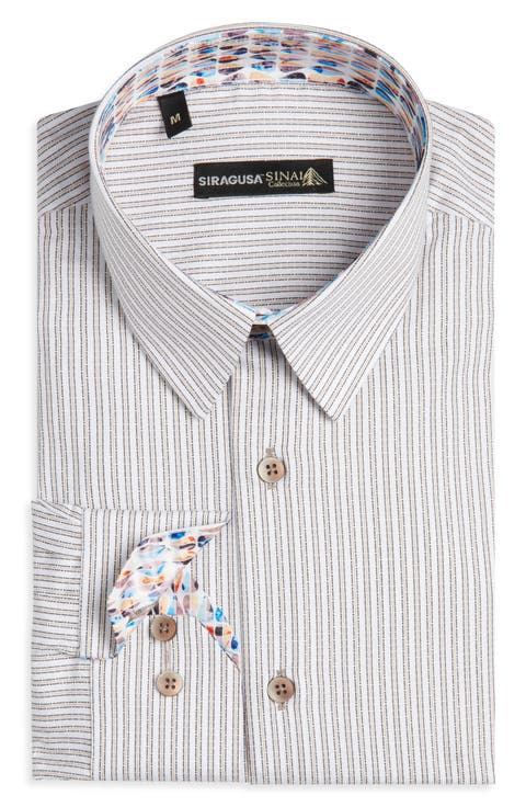 Stripe Printed Silk Trim Dress Shirt