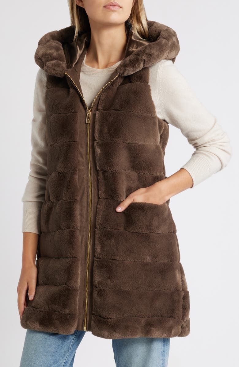 Via Spiga Quilted Faux Fur Hooded Vest, Main, color, Taupe