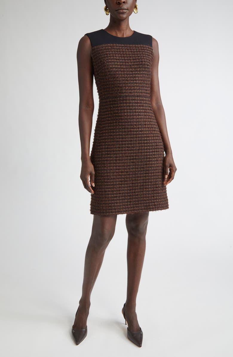 ST. JOHN Crepe Cady Yoke Tweed Sheath Dress, Main, color, Mocha/ Black