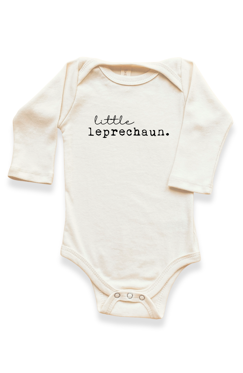 Tenth & Pine Little Leprechaun Organic Baby Bodysuit Long Sleeve, Main, color, Natural Black Lettering