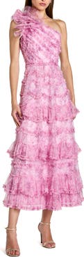 Mac Duggal Printed One Shoulder Ruffled A Line Midi Dress