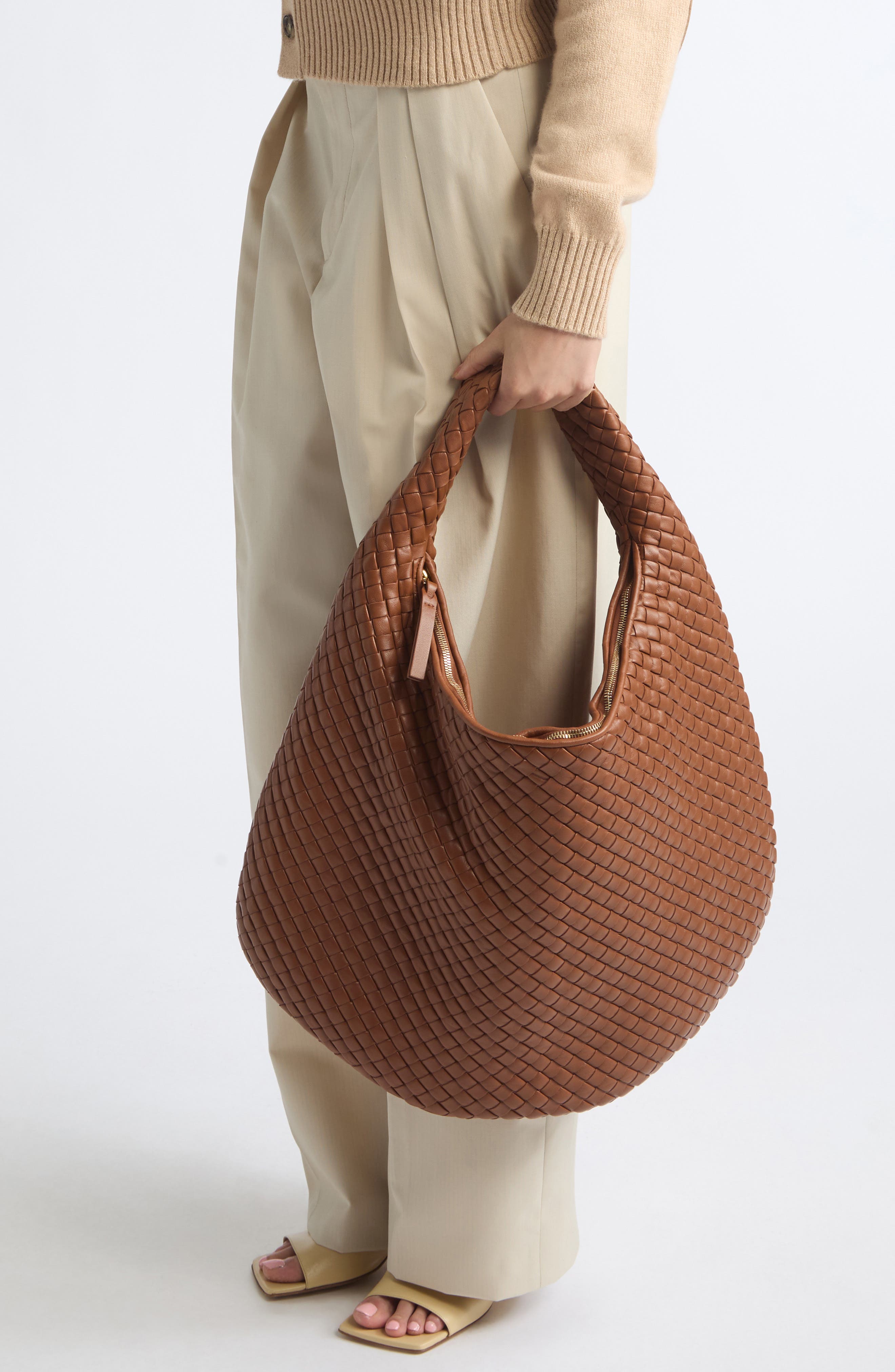 Maxi Intrecciato Leather Shoulder Bag, Alternate, color, TANNIN BRASS