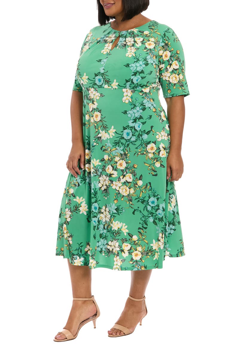 Floral Keyhole Short Sleeve Midi Dress, Alternate, color, GREEN MULTI