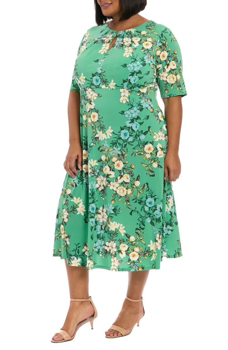 London Times Floral Keyhole Short Sleeve Midi Dress, Alternate, color, Green Multi