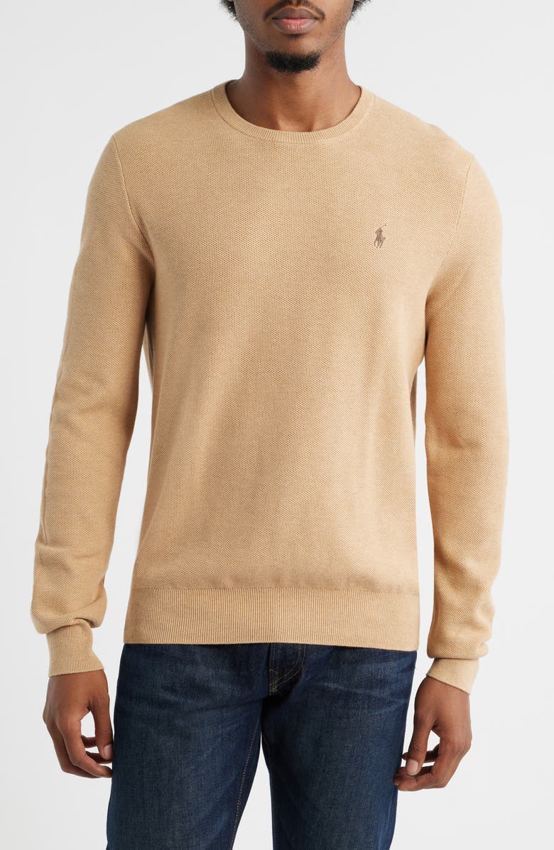 Polo Ralph Lauren Textured Cotton Crewneck Sweater, Main, color, Camel Melange