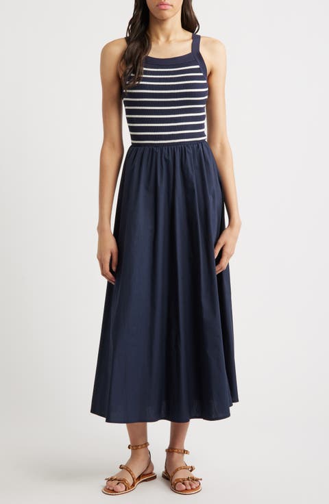 Stripe Bodice Mixed Media Midi Dress