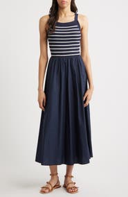 MOON RIVER Stripe Bodice Mixed Media Midi Dress